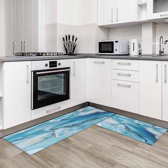 Modern Blue Grey 2 Pieces Non-Slip Kitchen Mat Set Abstract Marble Textured Soft Door Mat with Rubber Backing,Dirtproof Rugs for Entrance Doorway 19.7x31.5in+19.7x47.2in