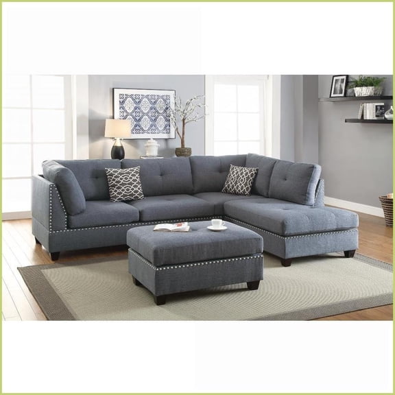 Modern Blue Grey 3-Piece Reversible Sectional Sofa with Ottoman  Linen-Like Polyfiber for Living Room | Light Grey-Blue | Fabric | Cushion Back
