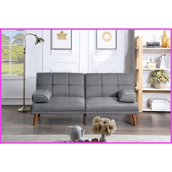 Modern Blue Grey Linen-Like Polyfiber Tufted Convertible Sofa Bed - 71" Living Room Couch with Solid Wood Legs