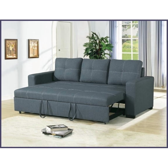 Modern Blue Grey Polyfiber Convertible Sofa Bed - 85" 3-Seat Living Room Pull-Out Couch with Solid Frame