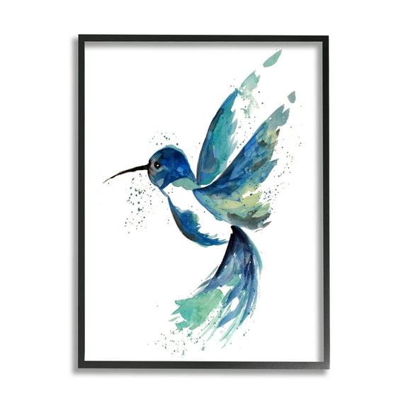 Modern Blue Hummingbird Flying Animals & Insects Graphic Art Black Framed Art Print Wall Art