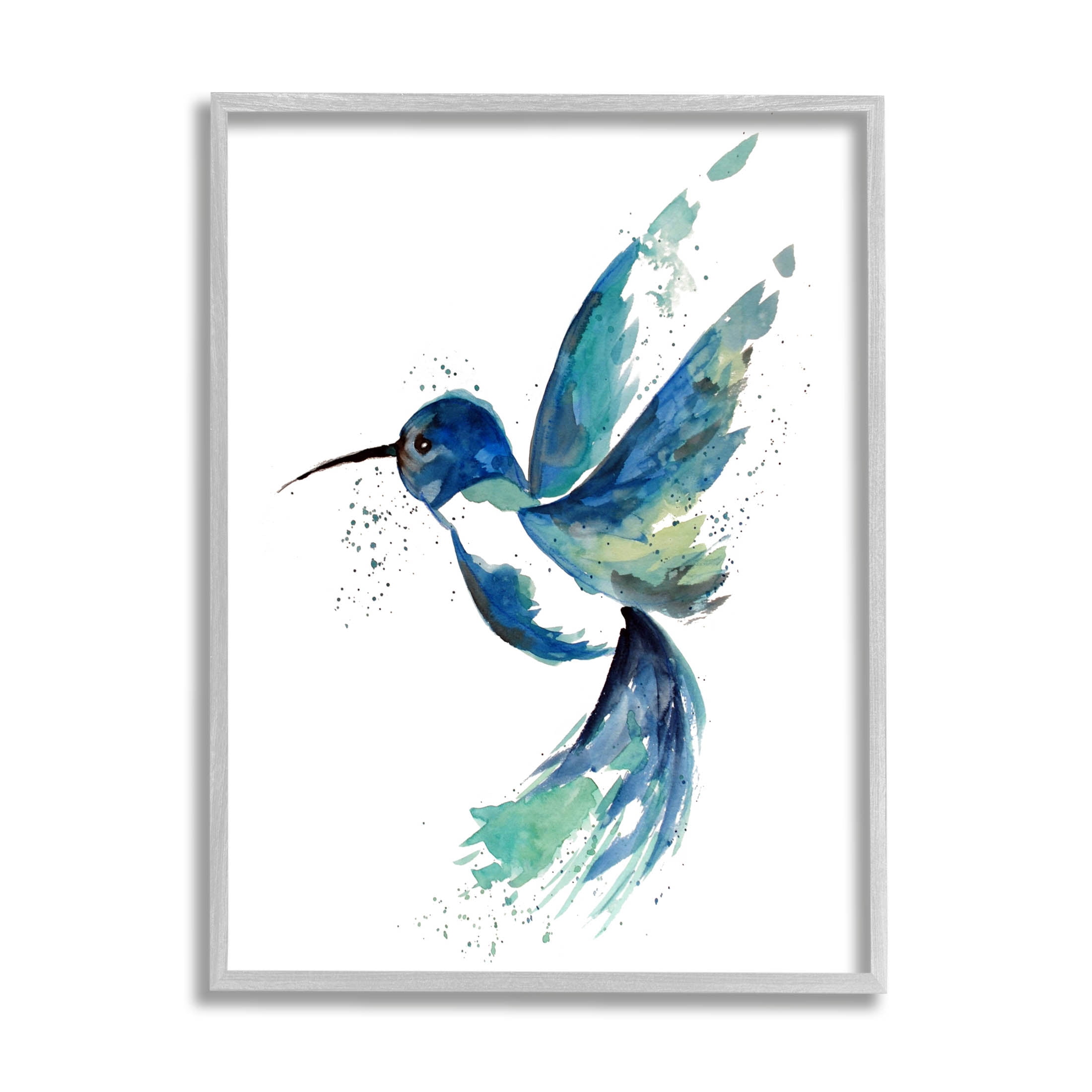 Modern Blue Hummingbird Flying Animals & Insects Graphic Art Gray Framed Art Print Wall Art