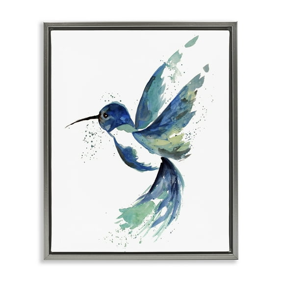 Modern Blue Hummingbird Flying Animals & Insects Graphic Art Luster Gray Framed Art Print Wall Art