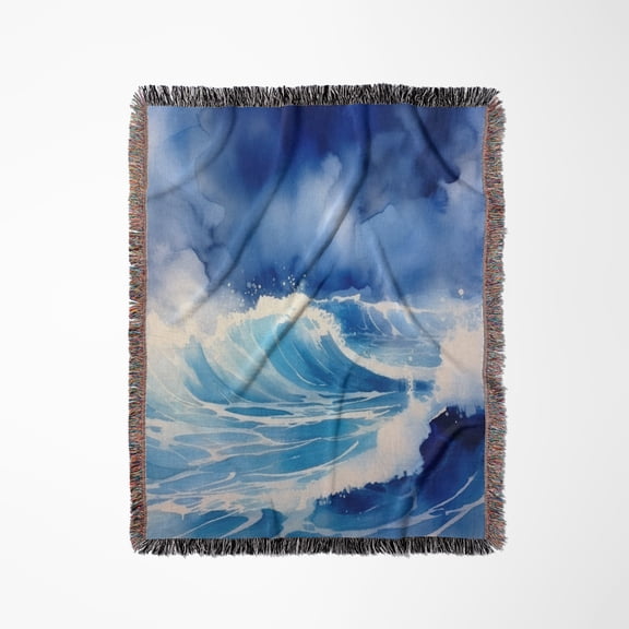 Modern Blue Image Of Watercolor Ocean Wave Background, Woven Blanket
