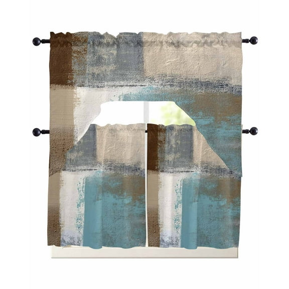 Modern Blue Kitchen Curtains Sets 36 Inch Length with Valance, Rustic Mottled Oil Painting Texture Swag Valances and Tiers Curtain Set Drapes Swag Curtains for Living Room, Bathroom, Bedroom, Cafe