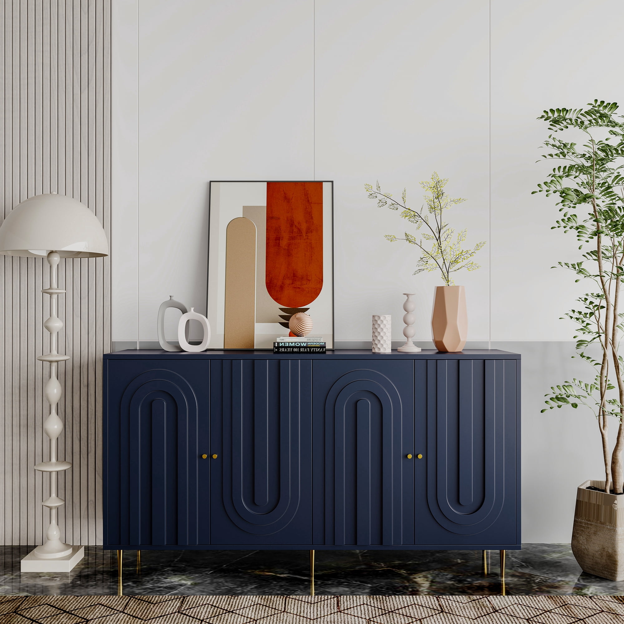 Modern Blue Lacquered 4 Door Wooden Cabinet Sideboard Buffet Server ...