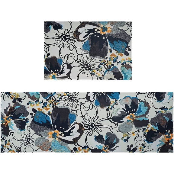 Modern Blue Large Flower Kitchen Rugs and Mats 2 Pieces,Blue Boho Bathroom Rug,Non Slip Cushioned Mat Runner Rug Doormat for Boho Kitchen,Sink,Laundry,Bathroom,Home Decor,17x30+17x47inch