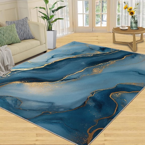 Modern Blue Marble Area Rugs, Blue Luxury Carpet, Washable Non Slip Low Pile Soft Rug for Living Room Bedroom Dining Room Home Office Decor Mat 2x3ft