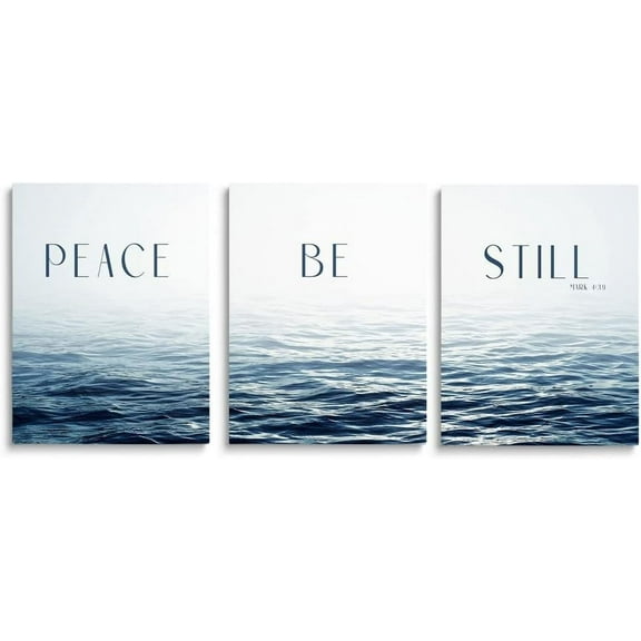 Modern Blue Ocean Canvas Wall Art Christians Wall Art Scripture Wall Decor "Peace! Be Still! Mark 4:39" Inspirational Bible Verse Wall Art Calmful Pictures Calm Sea Canvas Prints Seascape