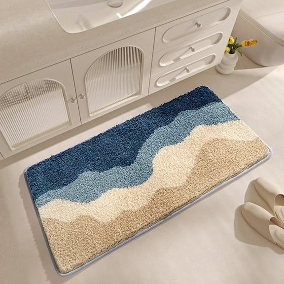 Modern Blue Ocean Waves Bathroom Rug Runner Soft Cozy Flocking Kitchen Floor Rugs Shag Fluffy Long Bath Mat for Bathroom Non Slip Absorbent Machine Washable Washroom Mats 17x31.5inch
