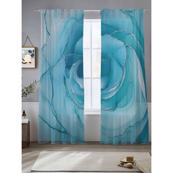 Modern Blue Ombre Rose Texture Chiffon Sheer Curtains 84 Inches Long Silver Lines Seamless Rod Pocket Window Curtains Voile Drapes Curtains for Living Room Bedroom,2 Panels