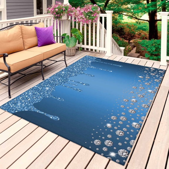 Modern Blue Outdoor Rug 6x9 Ft, Non Slip Washable Area Rug, Abstract Diamond Luxury Gradient Patio Rugs Carpet Runner, Large Floor Mat for Indoor/Outdoor Deck Porch Camping