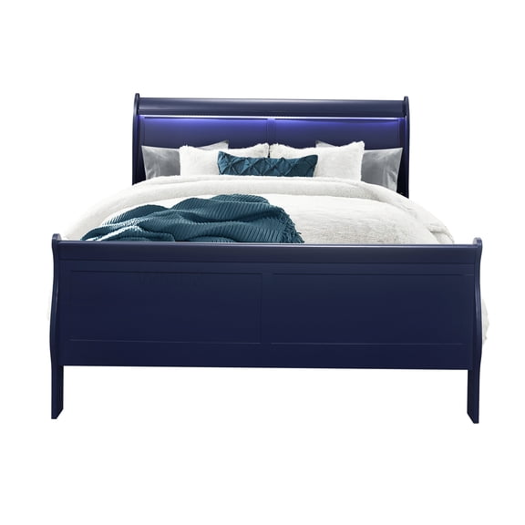 Upholstered Queen Platform Bed with LED Lights and Storage, Blue Sleigh Bed Frame, Solid Wood MDF Construction