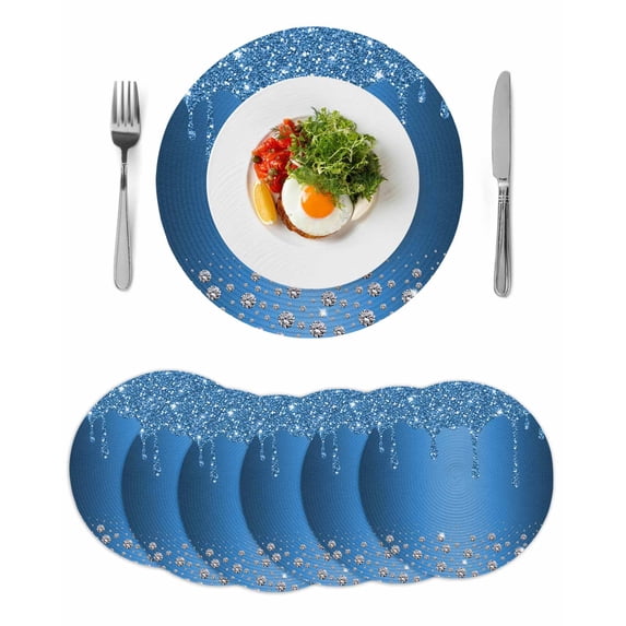 Modern Blue Round 15 Inch Placemats Set of 6, Abstract Diamond Luxury Gradient HeatResistant Non Slip Place Mats for Dining Table, Wipeable Braided Kitchen Table Mats for Housewarming