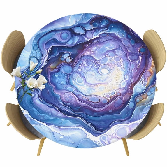 Modern Blue Round Tablecloth 55-60 Inch Round Fitted Table Cloth with Elastic Edge, Abstract Art Moire Contemporary Waterproof Table Cover Protector for Outdoor Picnic Party Dining
