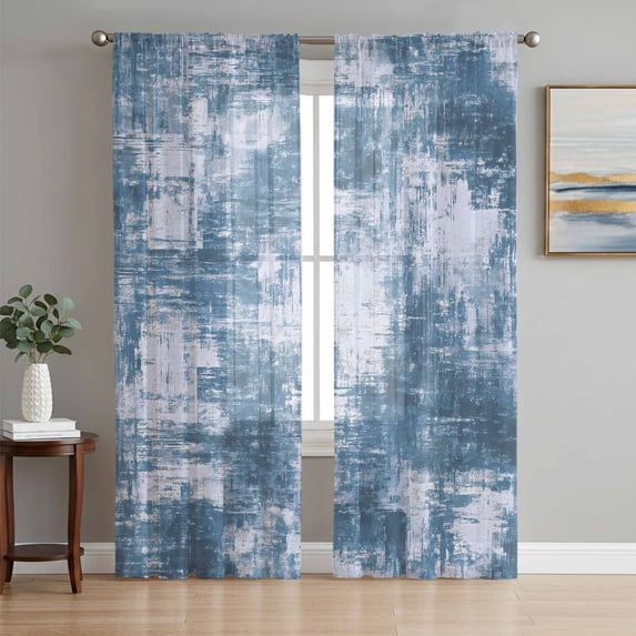 Modern Blue Sheer Curtains 96 Inch Length 2 Panels Set Window Treatments, Vintage Abstract Art Contemporary Rod Pocket Semi Curtains for Living Room/Bedroom/Kitchen Décor, 104"W x 96"L