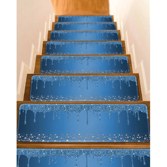 Modern Blue Stair Treads for Wooden Steps Indoor Runner Rug Carpet, Abstract Diamond Luxury Gradient 4 Pieces Peel and Stick Staircase Step Treads Covers Washable Throw Door Mats, 30"x8"