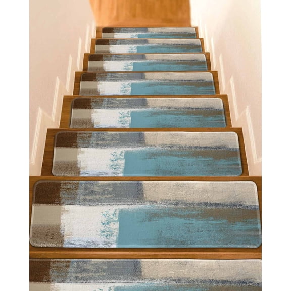 Modern Blue Stair Treads for Wooden Steps Indoor Runner Rug Carpet, Rustic Mottled Oil Painting Texture 4 Pieces Peel and Stick Staircase Step Treads Covers Washable Throw Door Mats, 30"x8"