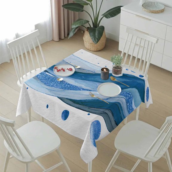 Modern Blue Stripe Polka Dot Table Cloth 54x54in, Waterproof Square Tablecloth Wipeable Tablecloths Abstract Watercolor Ink Texture Table Covers for Dining Tables Party Indoor Outdoor