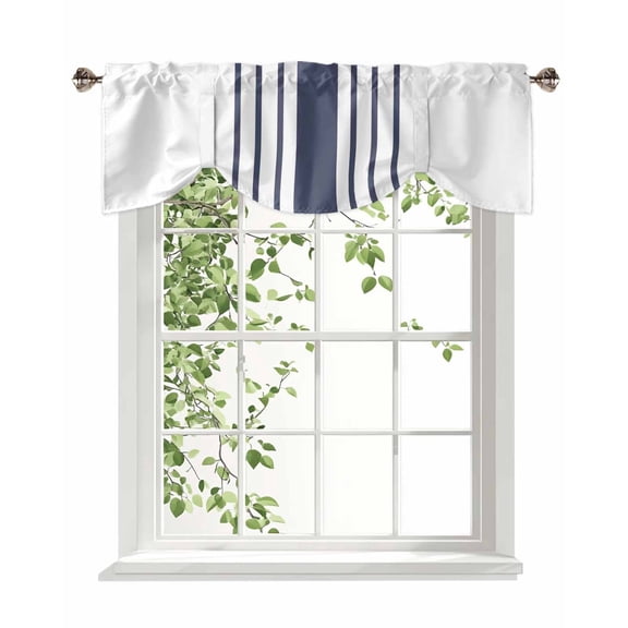 Modern Blue Striped Tie Up Valances Curtain, Adjustable Kitchen Simple White Background Valances for Windows Decor, Rod Pocket Short Curtains Set for Bedroom/Bathroom, 54"x18"