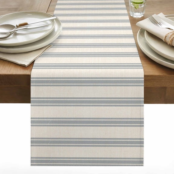 Modern Blue Table Runner 13x90 inch Lines Linen Texture Cotton Linen Dining Table Runner Ideal for Dresser Kitchen Coffee Tables - Machine Washable