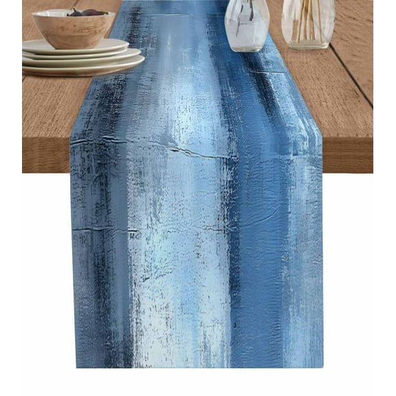 Modern Blue Table Runner-Cotton Linen- 36 Inch Holiday Dresser Scarves, Abstract Painting Grunge Art Watercolor Tablerunner for Kitchen Coffee/Dining Bedroom Home Living Room Dinner Scarf Décor 13x36