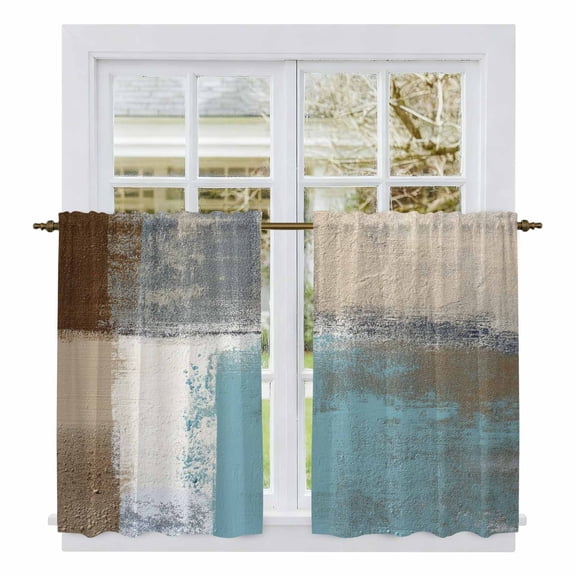 Modern Blue Tier Curtains, Rustic Mottled Oil Painting Texture Light Filtering Kitchen Curtains, 2Pcs Rod Pocket Half Window Treatments Panels for Sink Cafe Cabinet Basement 27.5x45 Inches