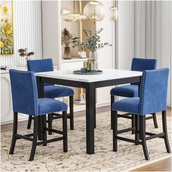 Modern Blue Velvet Dining Set: 5-Piece Counter Height Table & Chairs with Faux Marble Top