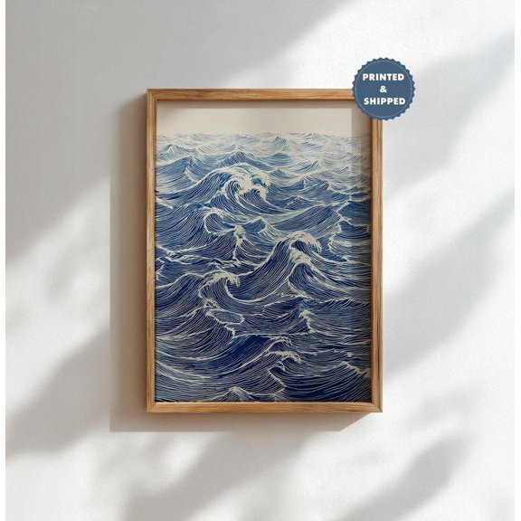 Modern Blue Wave Line Minimal Ocean Living Room Decor Travel Wall Art Unframed Paper Print