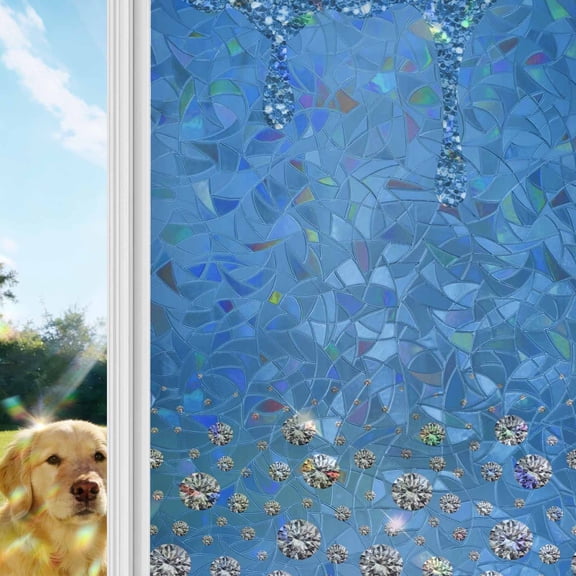 Modern Blue Window Privacy Film Stain Glass, Reusable Decorative Rainbow Window Film, Abstract Diamond Luxury Gradient Non-Adhesive Static Cling Sun Blocking Stickers Decals Covers 23.6" x 59" (2pcs)