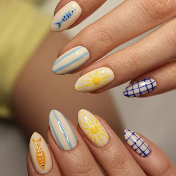 Modern Blue Yellow Fish Themed Synthetic Nails With 3D Art Lines ABS False Nails 30PCS