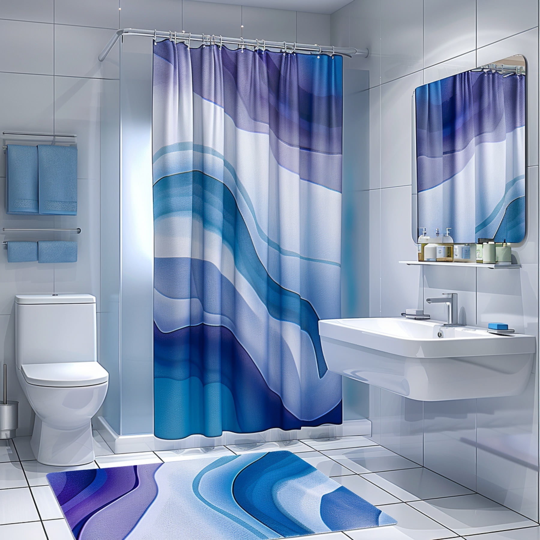 Modern Blue and Purple Bathroom with Abstract Print Shower Curtain