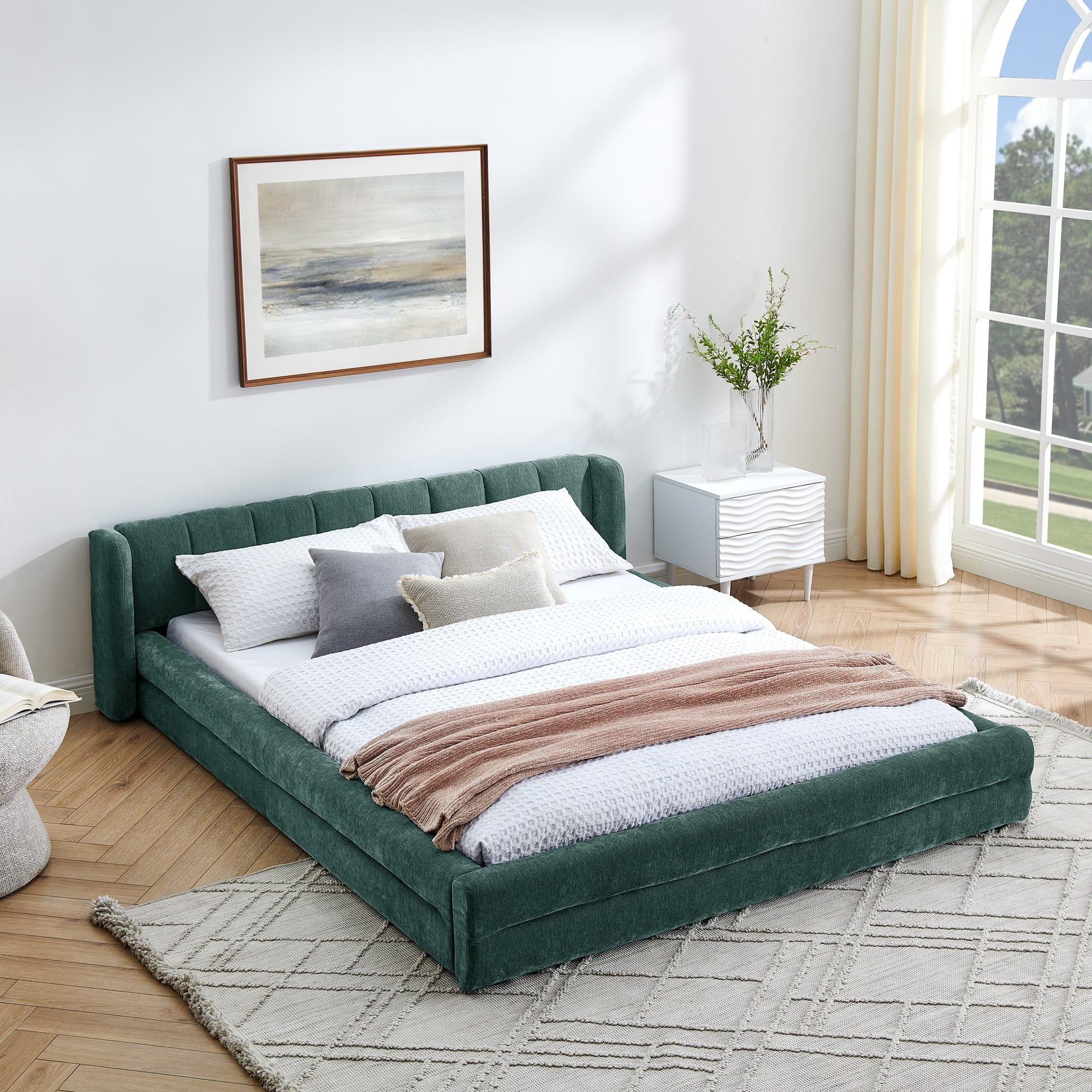 Modern Blueish Green Wood Frame Grounded Queen Size Platform Bed, Queen Chenille Upholstered Platform Bed with Headboard