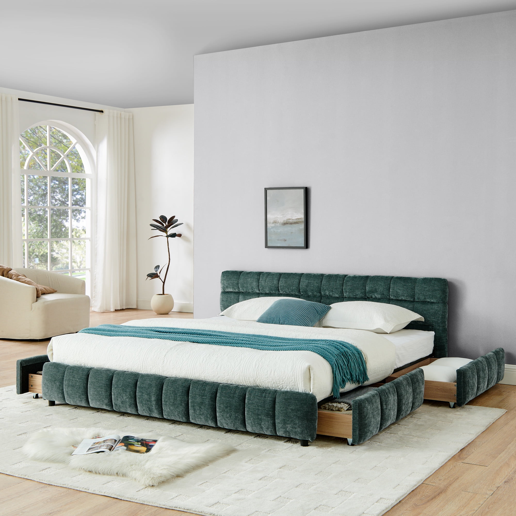 Modern Blueish Green Wood Frame King Chenille Upholstered Platform Bed with Headboard & 4 Drawers