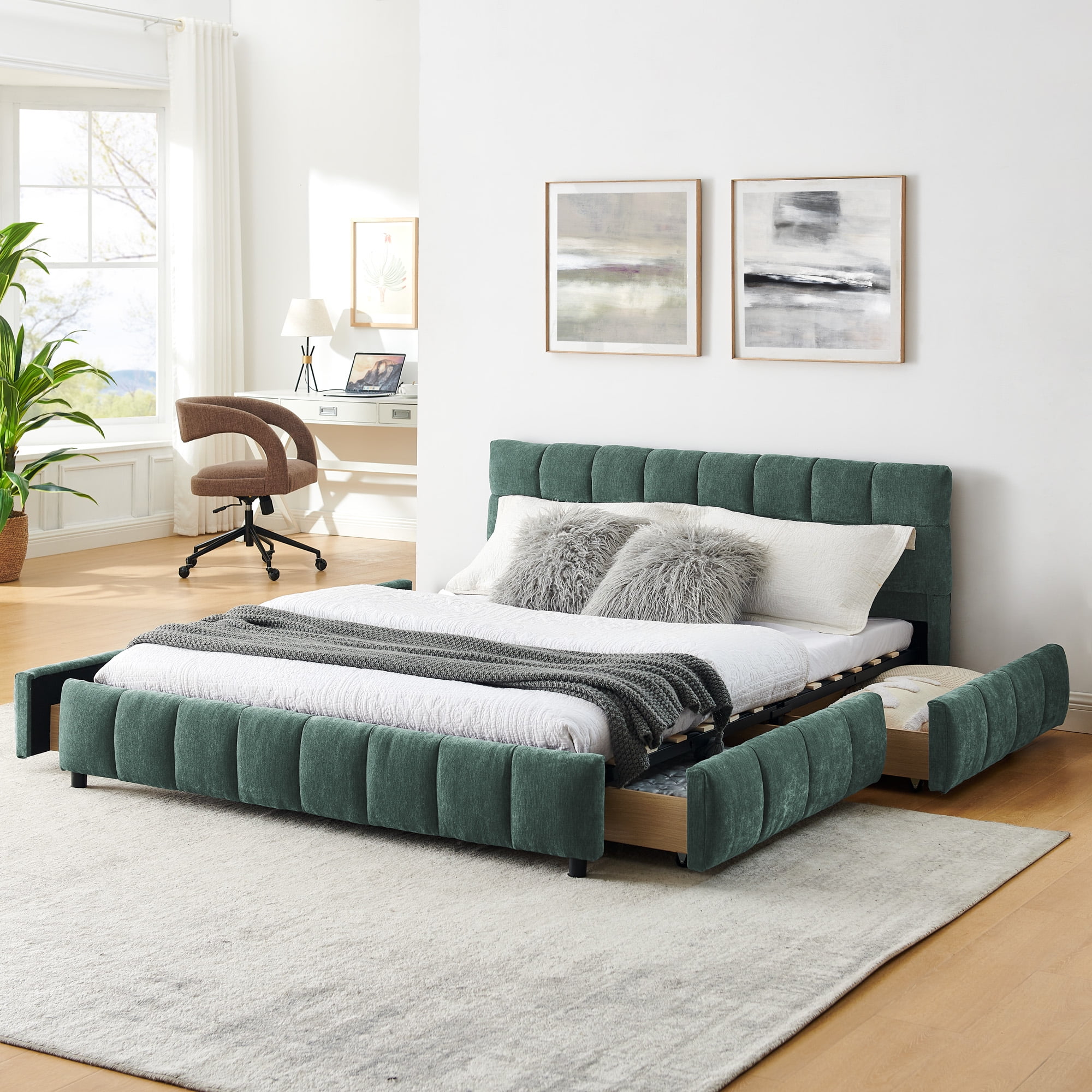 Modern Blueish Green Wood Frame Queen Chenille Upholstered Platform Bed with Headboard & 4 Drawers