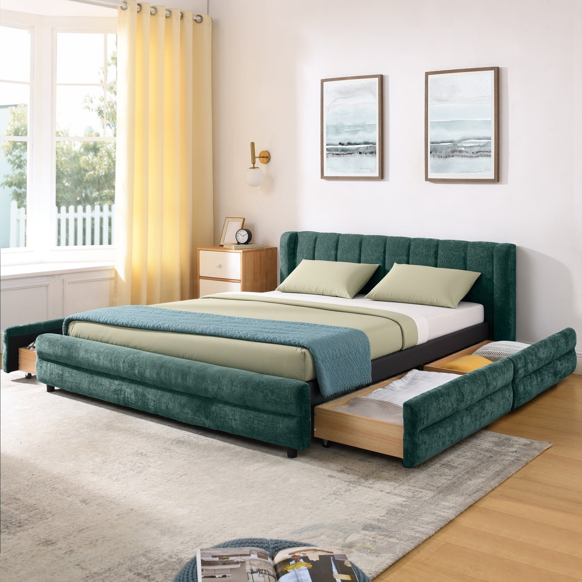 Modern Blueish Green Wood Frame Queen Size Platform Bed, Queen Chenille Upholstered Platform Bed with Headboard & 4 Drawers