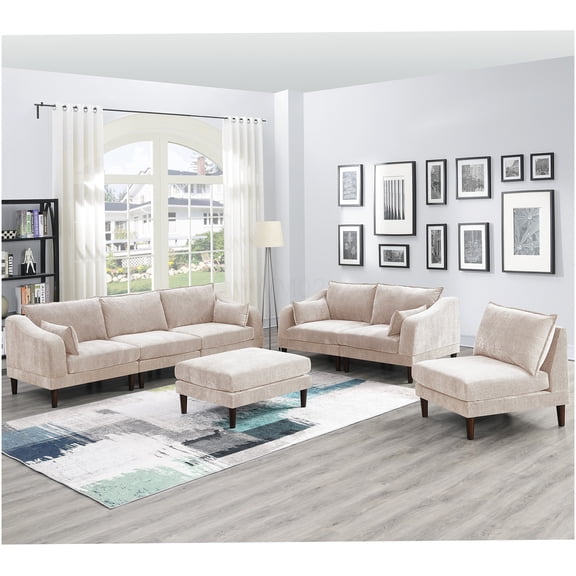 Modern Blush Pink 6-Piece Modular Sofa Set with Ottoman, Adjustable Fabric Sectional for Living Room