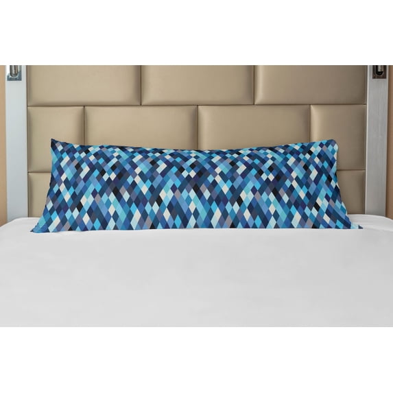Modern Body Pillow Case Cover with Zipper, Fashion Triangles Hexagons and Geometrical Shapes in Blue and White Colors Image, Decorative Accent Long Pillowcase, Multicolor, by Ambesonne