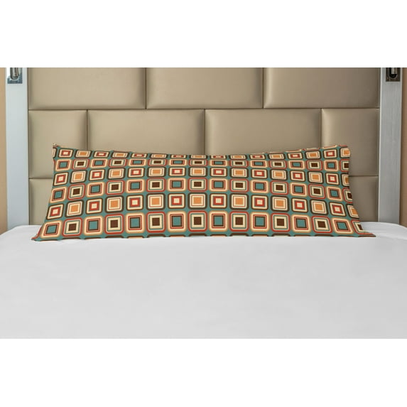 Modern Body Pillow Case Cover with Zipper, Geometrical Pattern with Rounded Nested Squares Nostalgic Colorful Tiling Print, Decorative Accent Long Pillowcase, Multicolor, by Ambesonne