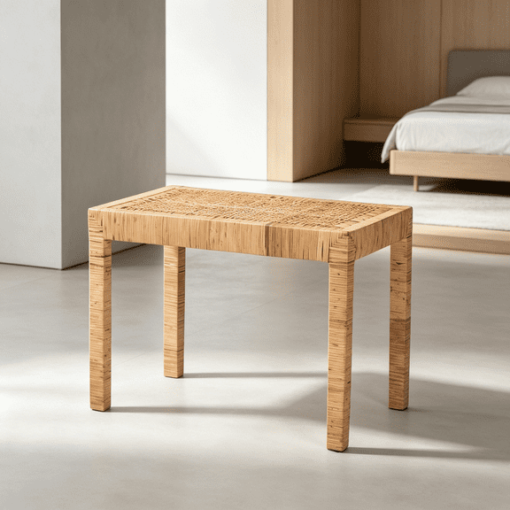 Modern Bohemian Accent Bench with Woven Rattan Seat, Solid Mahogany Wood Frame, Rectangular Entryway Bench for Bedroom, Living Room