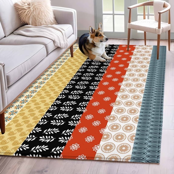 Modern Bohemian Area Rugs 4'x6', Washable Small Throw Rugs for Office Bathroom, Colorful Minimalist Abstract Paisley Boho Indoor Outdoor Rug Non-Slip Low Pile Carpet Runner Reversible Floor Mats