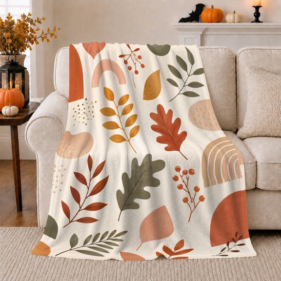 Modern Bohemian Autumn Leaves Abstract Shapes, Cozy Artistic Scene, Warm Flannel Blanket for Sunroom and Reading Nook, Garden Lovers Thanksgiving Gift, Artistic Home Decor