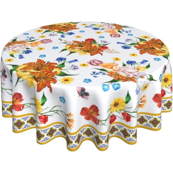 Modern Bohemian Floral Tablecloth Round 60 In Blue Yellow Red Flowers Washable Wrinkle Stain-Resistant Polyester Table Cloth Spring Summer Autumn Decorations For Party Picnic Dinner Indoor Outdoor
