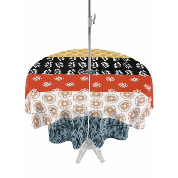 Modern Bohemian Outdoor Tablecloth - 54 Inch Round Dining Table Cover, Colorful Minimalist Abstract Paisley Boho Waterproof Outdoor Table Cloth with Umbrella Hole & Zipper for Picnic/Patio/Party