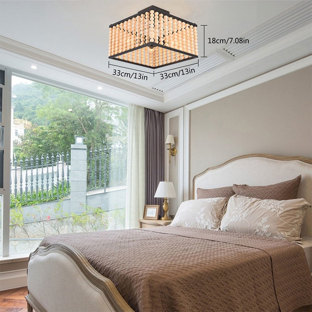 Beige Wood Beaded Bohemian Farmhouse Chandelier, 13" x 7.08"