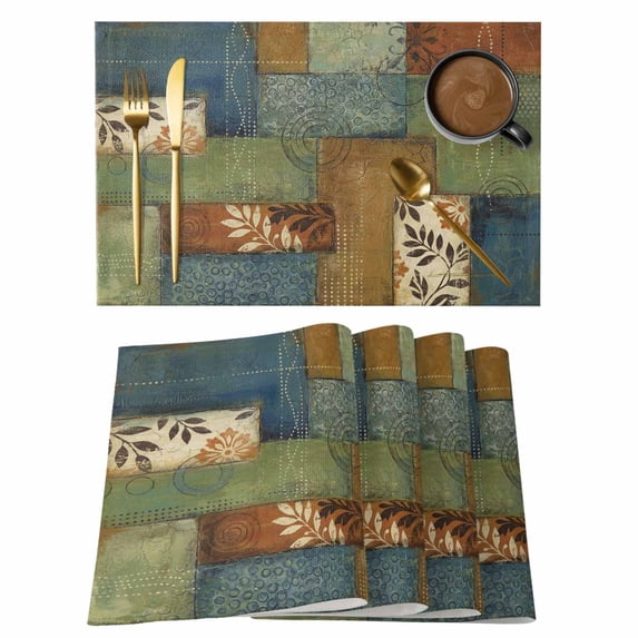 Modern Bohemian Placemats Set of 2, Vintage Flowers Geometric Plaid Patchwork Non-Slip Place Mats Washable Table Mats for Kitchen Dining Table Decorations Indoor/Outdoor