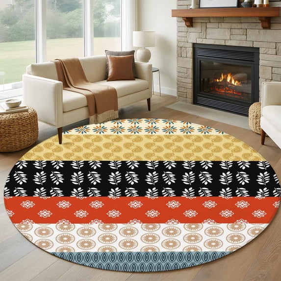 Modern Bohemian Round Area Rug 7Ft Washable Circle Rugs for Dorm Laundry Room, Colorful Minimalist Abstract Paisley Boho Non-Slip Carpet Floor Mats Indoor Outdoor Carpet Runner Aesthetic Home Decor