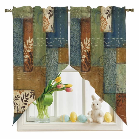 Modern Bohemian Swag Kitchen Curtain Valances, Vintage Flowers Geometric Plaid Patchwork Rod Pocket Curtains Window Treatment Decor Valances for Bedroom Bathroom, 2 Panels 36 x 36 Inch