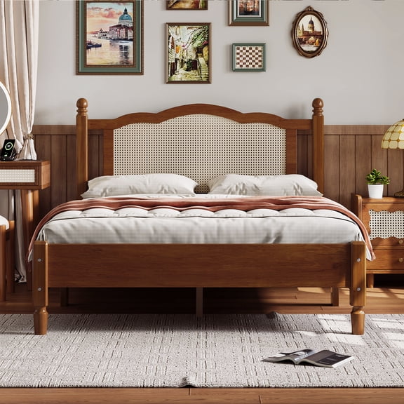 Modern Bohemian Wooden Full Size Bed Frame with Rattan Headboard, Vintage Platform Bed with Wooden Slat Support, Box Spring Not Required, Walnut, Full
