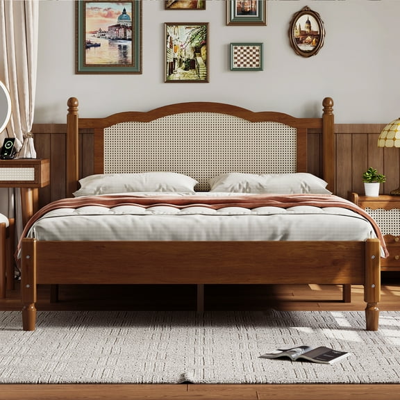 Modern Bohemian Wooden Queen Size Bed Frame with Rattan Headboard, Vintage Platform Bed with Wooden Slat Support, Box Spring Not Required, Walnut, Queen